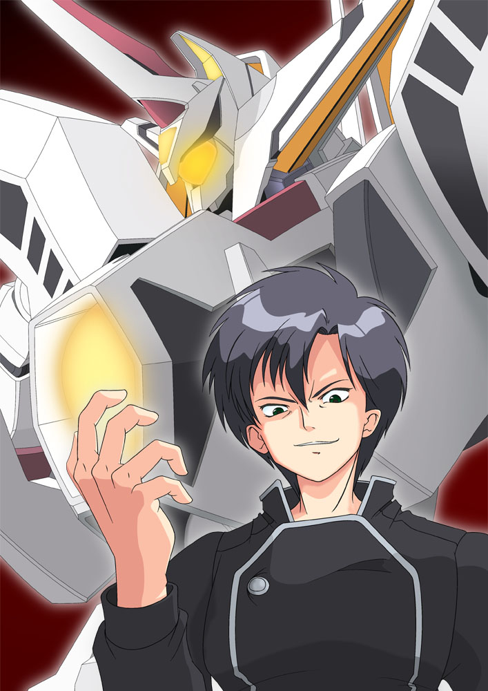 1boy, akitsu_masato, ayakaze_satsuki, black_eyes, black_hair, glowing, glowing_eye, hades_project_zeorymer