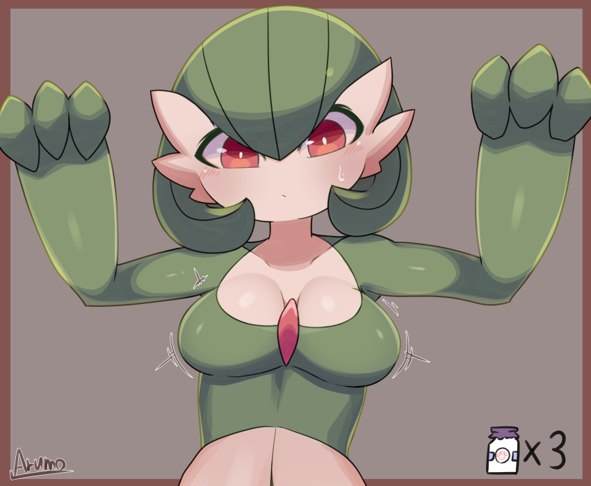 1girl, absurdres, arms_up, artist_name, bangs, blush, bob_cut, border, bottle, breast_expansion, breasts, brown_background, brown_border, closed_mouth, collarbone, colored_skin, commentary, english_commentary, engrish_commentary, gardevoir, gen_3_pokemon, green_hair, green_skin, hair_between_eyes, highres, looking_down, medium_breasts, milk_bottle, moomoo_milk, motion_lines, multicolored, multicolored_skin, number, outside_border, pokemon, pokemon_(creature), red_eyes, ryuusui_arumo, shiny, shiny_hair, shiny_skin, short_hair, signature, simple_background, solo, sweat, two-tone_skin, upper_body, white_skin