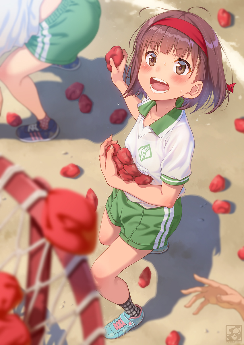 2girls, :d, ball_toss, blurry, blush, bra_through_clothes, brown_eyes, brown_hair