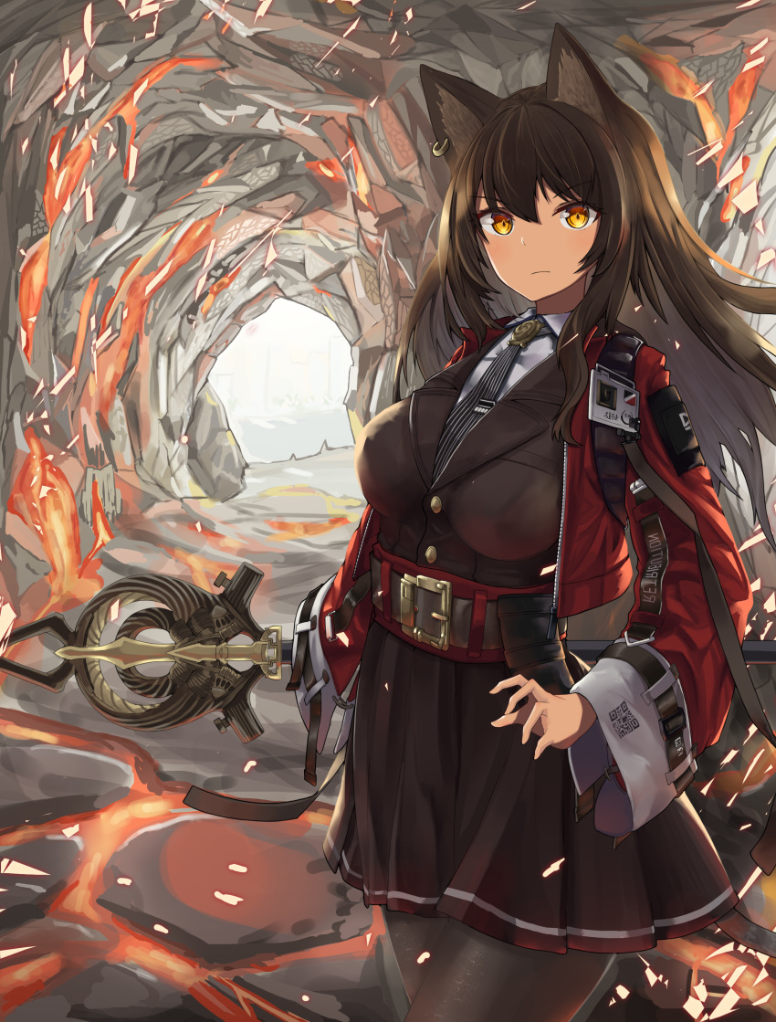 1girl, absurdres, animal_ears, arknights, belt, black_legwear, black_neckwear, black_skirt