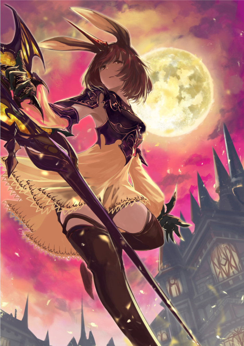 1girl, animal_ears, black_gloves, black_legwear, breasts, brown_hair, building, detached_sleeves, full_moon, gloves, highres, holding, holding_staff, horns, moon, moon_al-mi'raj, night, night_sky, pink_sky, rabbit_ears, shadowverse, short_hair, shzsntma, single_horn, sky, small_breasts, solo, staff, standing, standing_on_one_leg, thigh-highs