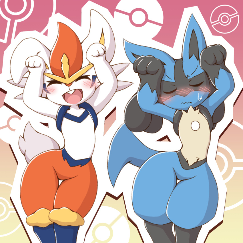 acky, arms_up, blush, caramelldansen, cinderace, closed_eyes, commentary_request, embarrassed