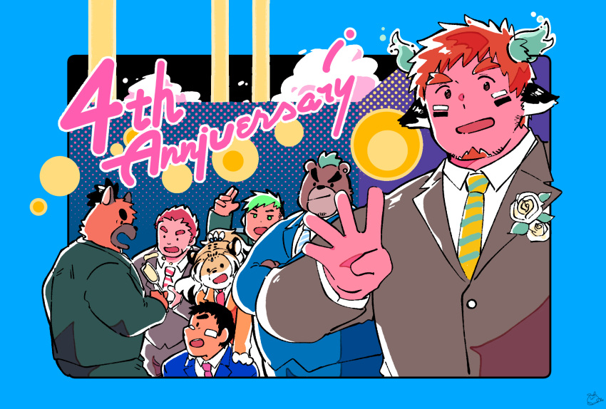 1girl, 6+boys, anniversary, ashigara_(tokyo_houkago_summoners), bear_boy, blank_eyes, blue_suit, brown_hair, character_request, english_text, facial_hair, formal, fox_boy, furry, goatee, green_hair, grey_suit, gunzo_(tokyo_houkago_summoners), highres, looking_at_viewer, multiple_boys, necktie, official_alternate_costume, orange_hair, plump, sawch_cls, smile, suit, taurus_mask, tiger_girl, tokyo_houkago_summoners, wakan_tanka, waving, yasuyori_(tokyo_houkago_summoners)