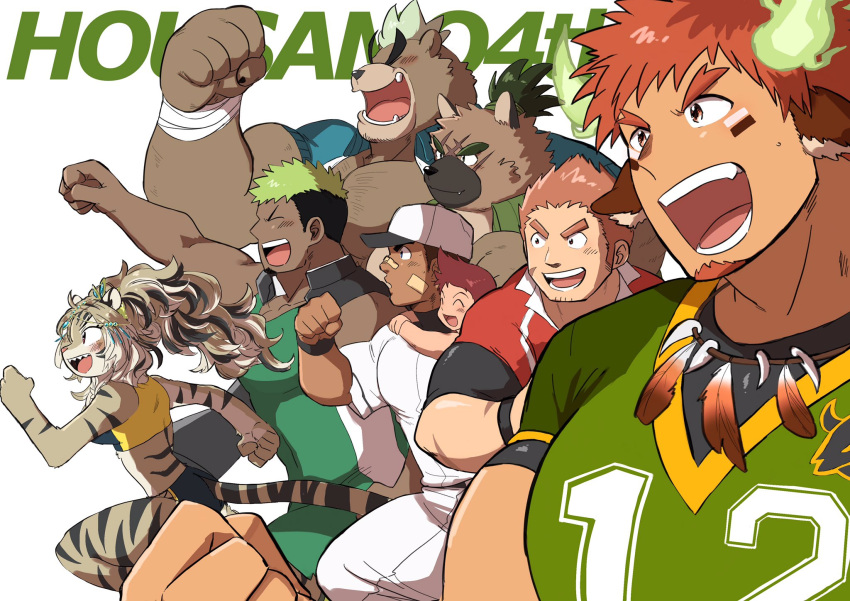 >_<, 1girl, 1hao_(@cerbero64), 6+boys, american_football_uniform, animal_ears, anniversary, ashigara_(tokyo_houkago_summoners)