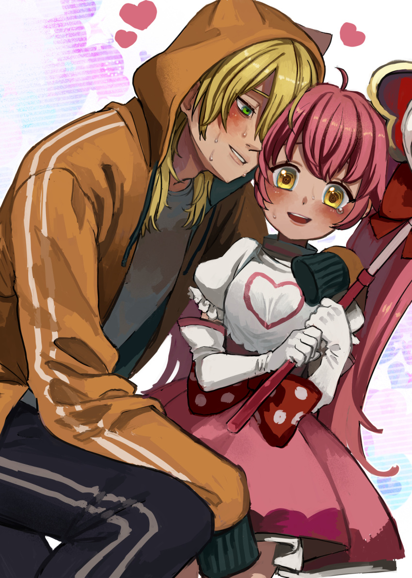 #compass, 1boy, 1girl, blonde_hair, blush, dress, elbow_gloves, gloves