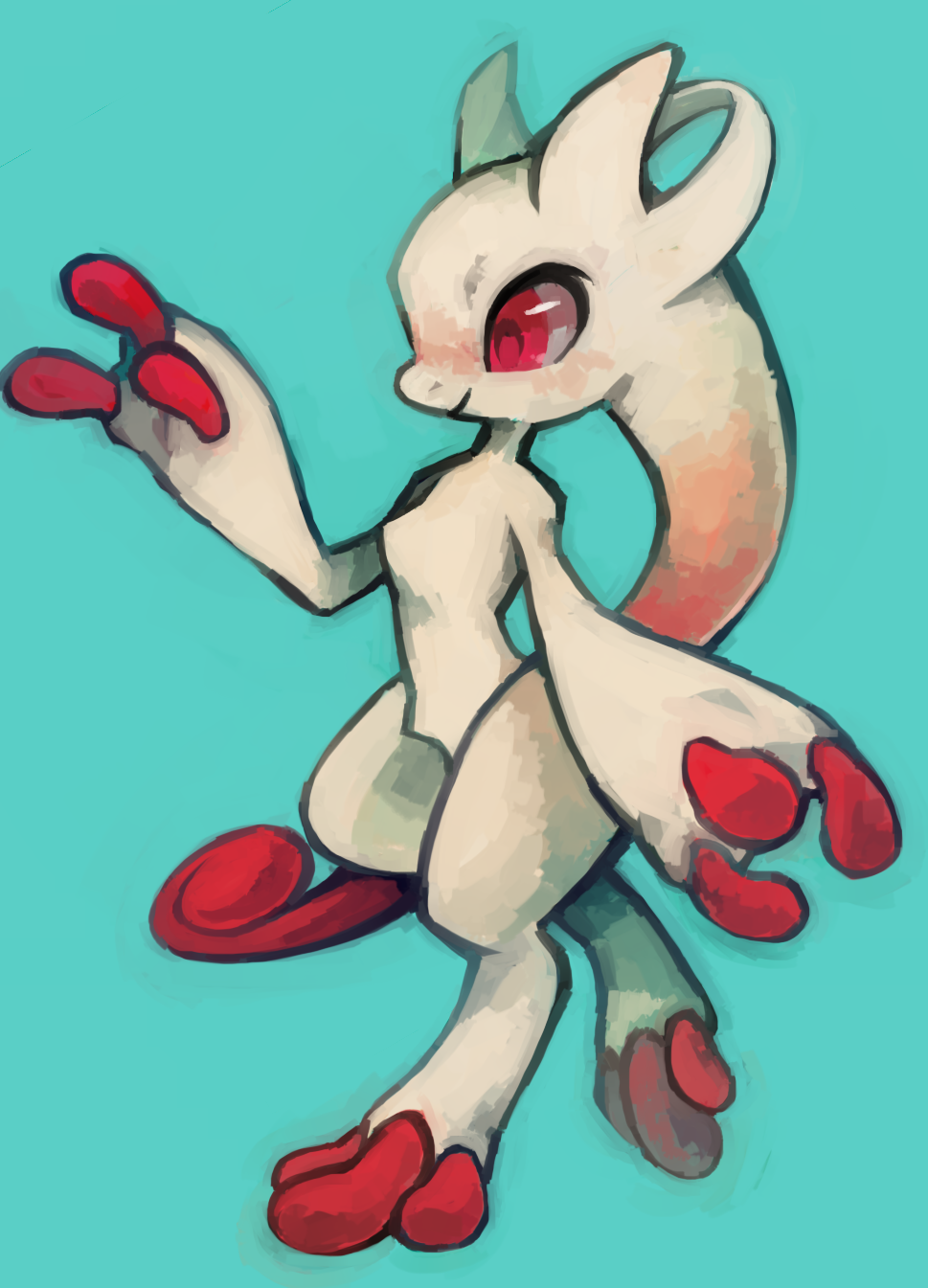 blue_background, commentary, creature, english_commentary, extyrannomon, full_body, gen_1_pokemon, highres, legendary_pokemon, mega_mewtwo_y, mega_pokemon, mewtwo, no_humans, pokemon, pokemon_(creature), red_eyes, simple_background, smile, solo