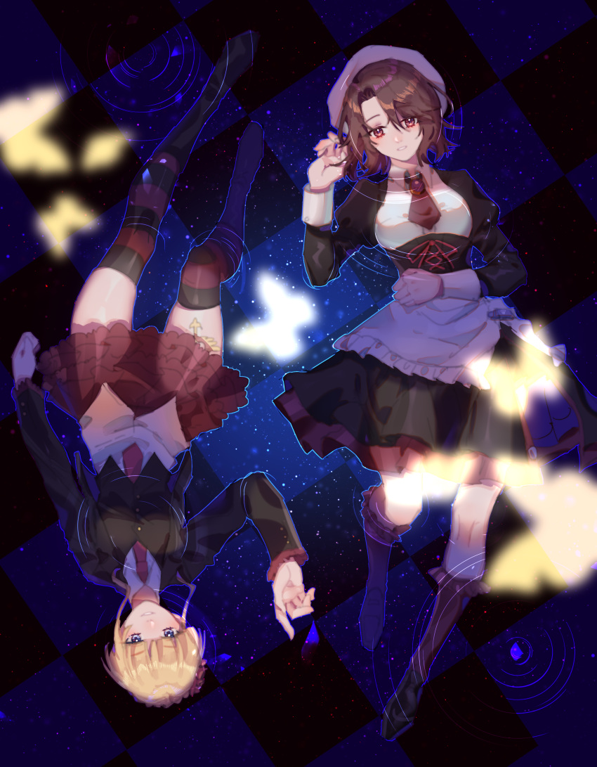 2girls, absurdres, beatrice_(umineko), beret, between_breasts, blonde_hair, blue_eyes, boots