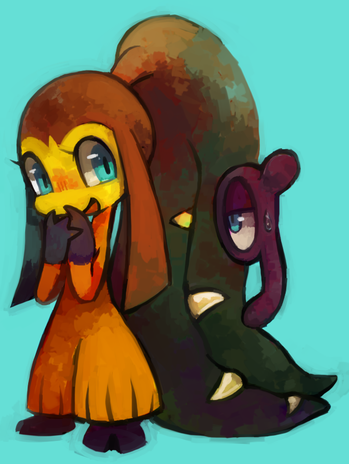 :d, blue_background, blue_eyes, blush, creature, extyrannomon, eye_contact, floating, full_body, gen_2_pokemon, gen_3_pokemon, looking_at_another, mawile, no_humans, open_mouth, pokemon, pokemon_(creature), simple_background, smile, standing, sweat, unown, unown_j