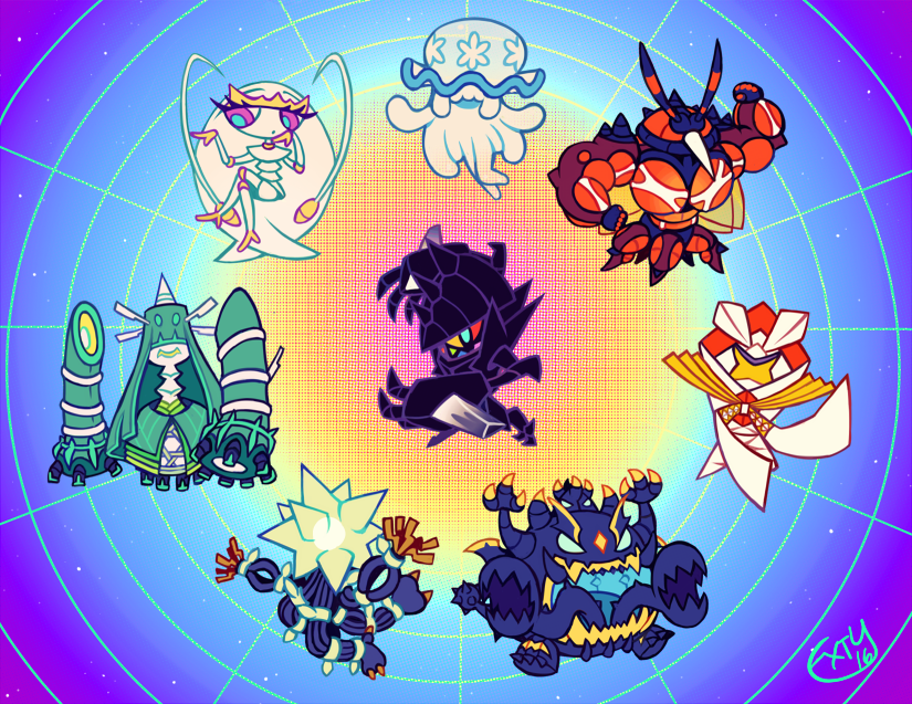 blacephalon, buzzwole, celesteela, commentary, creature, english_commentary, extyrannomon, eyelashes
