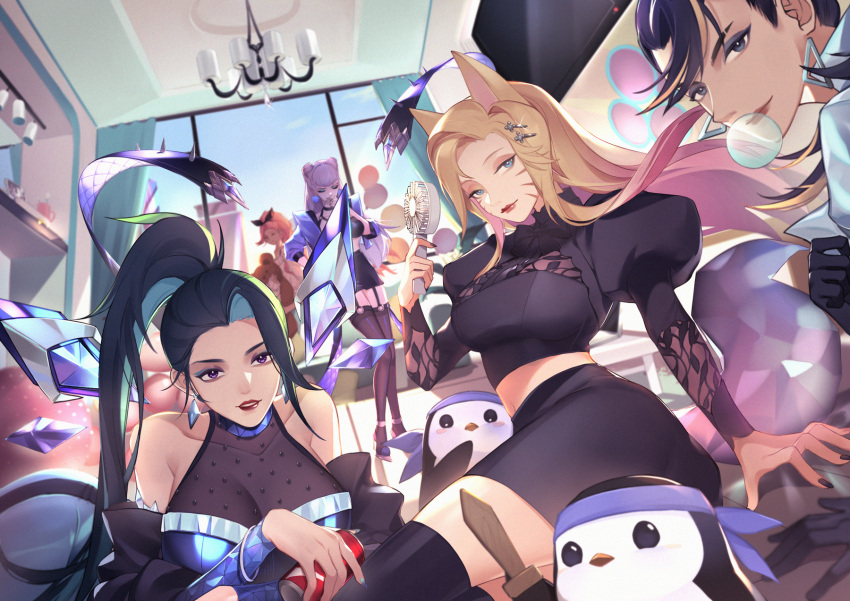 5girls, ahri, akali, animal_ears, aqua_eyeshadow, aqua_hair, balloon, bare_shoulders, black_gloves, black_hair, black_legwear, black_nails, blonde_hair, blue_eyes, blue_headband, blue_sky, bracelet, bubble_blowing, can, catttleo, chewing_gum, closed_eyes, closed_mouth, collarbone, double_bun, earrings, evelynn_(league_of_legends), eyeshadow, fingernails, fox_ears, fox_tail, garter_straps, gloves, hair_bun, half-closed_eyes, headband, highres, holding, holding_can, holding_stuffed_toy, holding_sword, holding_weapon, indoors, jewelry, k/da_(league_of_legends), kai'sa, kitsune, league_of_legends, lipstick, long_hair, long_ponytail, makeup, multicolored, multicolored_hair, multiple_girls, parted_lips, pink_hair, ponytail, puffy_sleeves, purple_hair, red_lips, red_lipstick, seraphine_(league_of_legends), sky, sleeves_rolled_up, smile, soda_can, standing, stuffed_animal, stuffed_toy, sword, tail, teddy_bear, the_baddest_ahri, the_baddest_akali, the_baddest_evelynn, the_baddest_kai'sa, thigh-highs, turtleneck, violet_eyes, weapon, wooden_sword