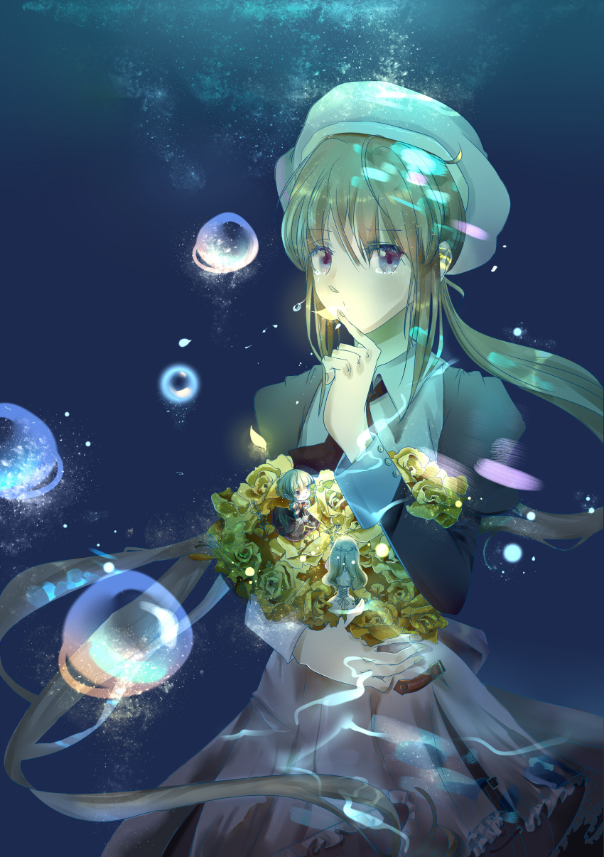 2girls, absurdres, beatrice_(umineko), beret, blonde_hair, blue_eyes, bonet, bouquet