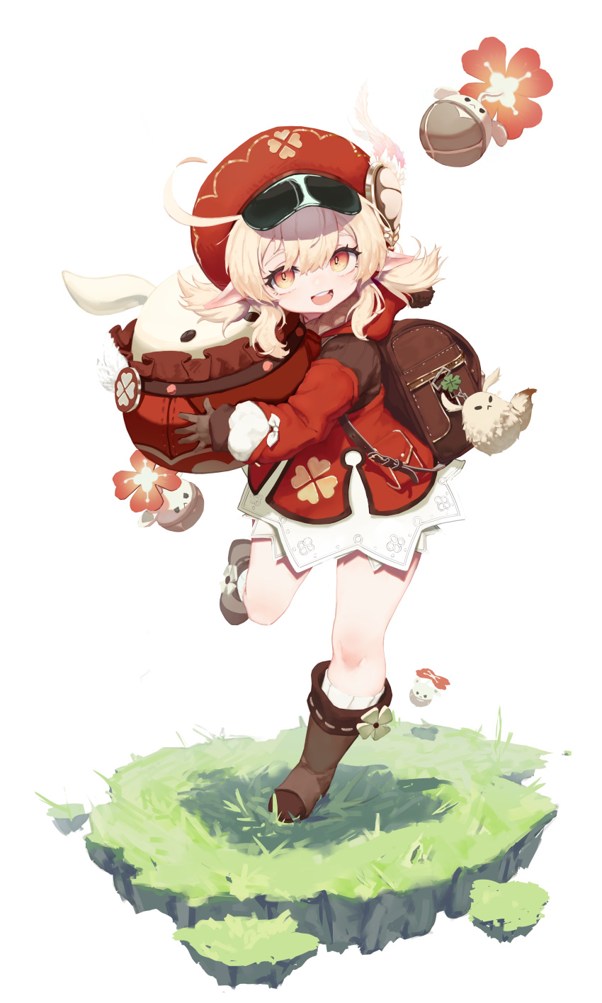 1girl, absurdres, ahoge, backpack, bag, bangs, boots, dress