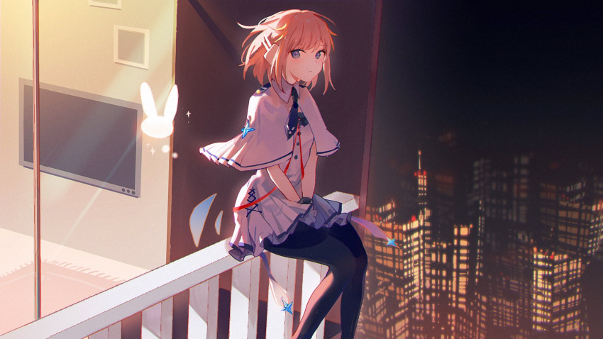 1girl, amari, balcony, bangs, black_legwear, blonde_hair, blue_eyes, capelet