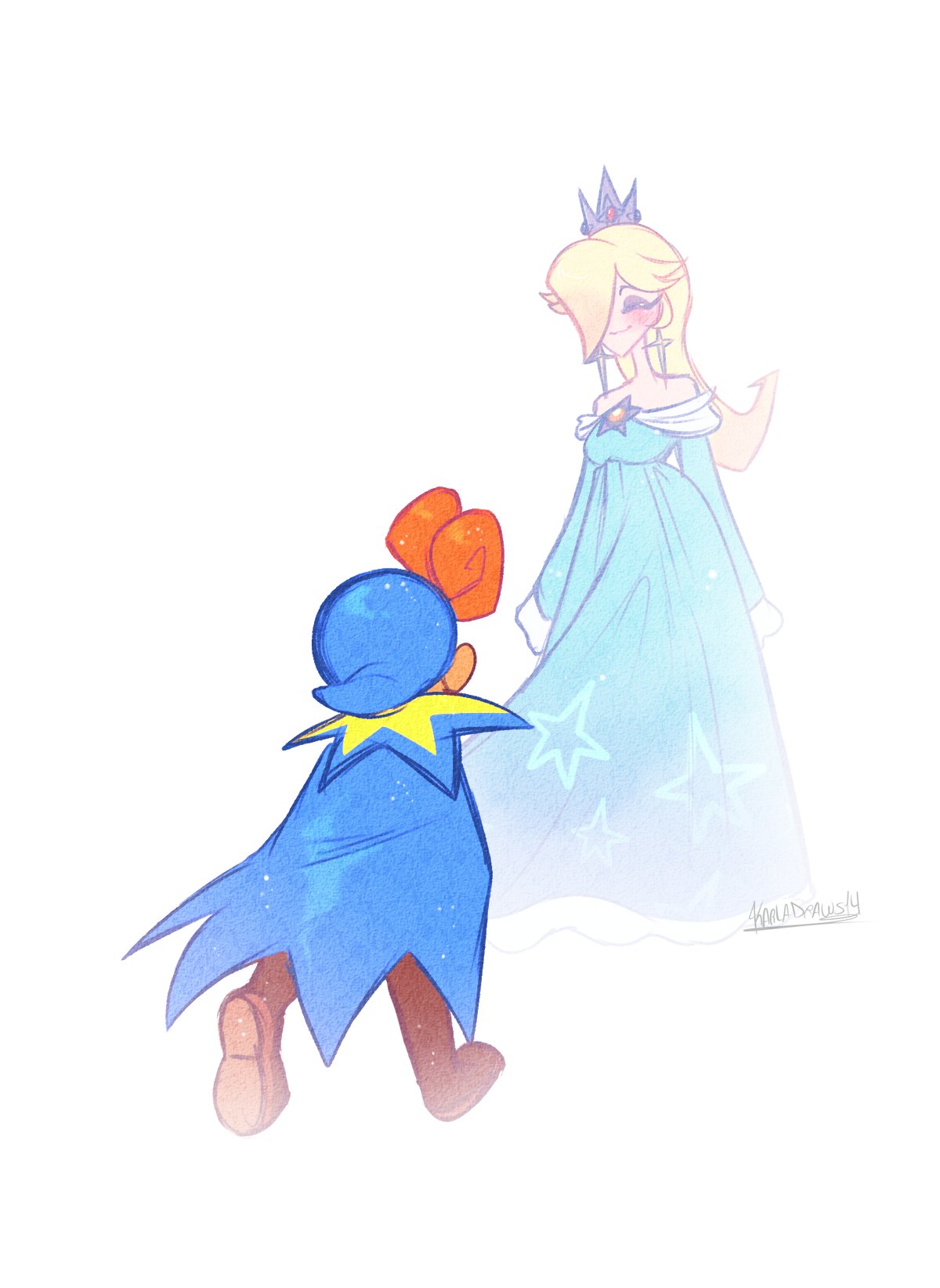 1girl, aqua_dress, artist_name, bangs, bare_shoulders, blonde_hair, blue_cape, blue_dress