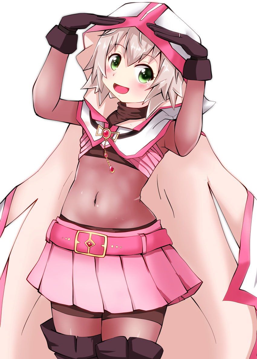 absurdres, bodysuit, capelet, cloak, cosplay, gloves, green_eyes, highres, kantai_collection, kitahama_(siroimakeinu831), magia_record:_mahou_shoujo_madoka_magica_gaiden, mahou_shoujo_madoka_magica, pink_skirt, shimushu_(kantai_collection), shimushu_pose, short_hair, skirt, tamaki_iroha, tamaki_iroha_(cosplay), white_hair