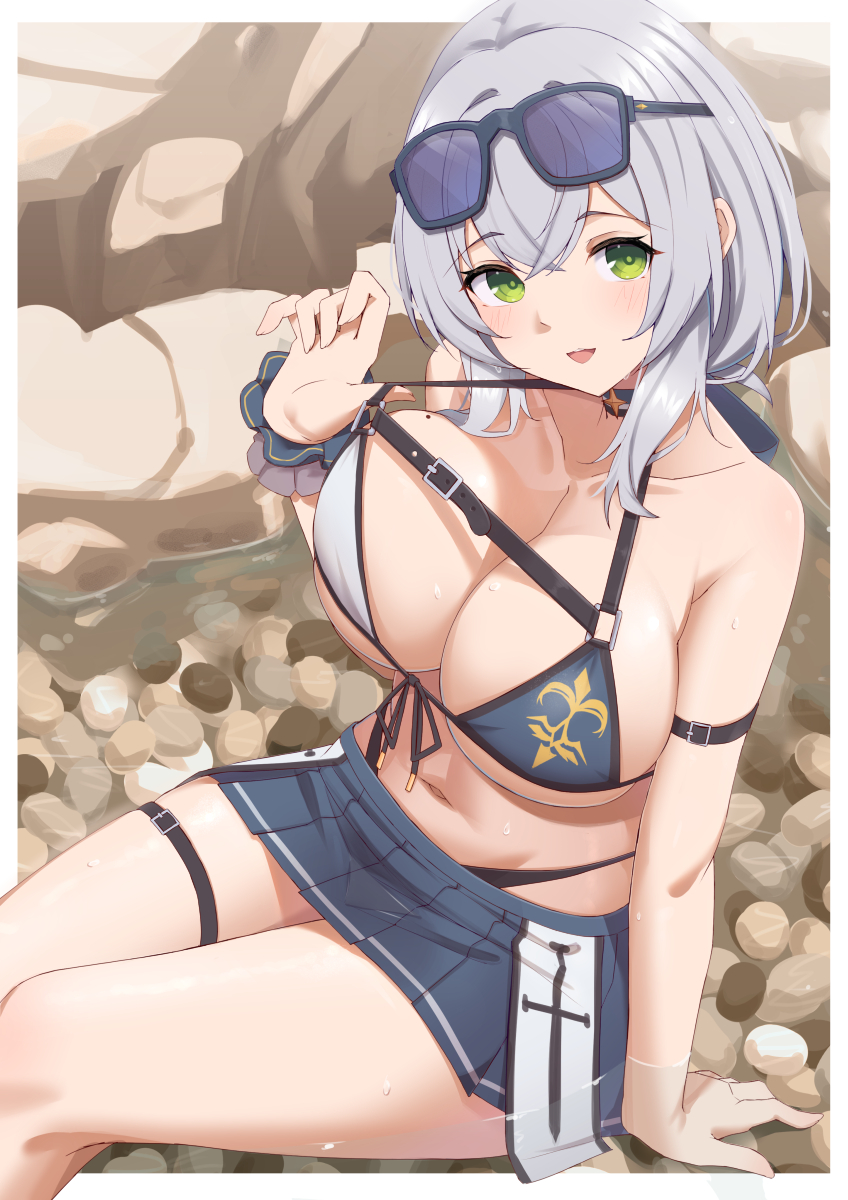 1girl, adapted_costume, alternate_costume, arm_belt, arm_support, bathing, bikini, bikini_top