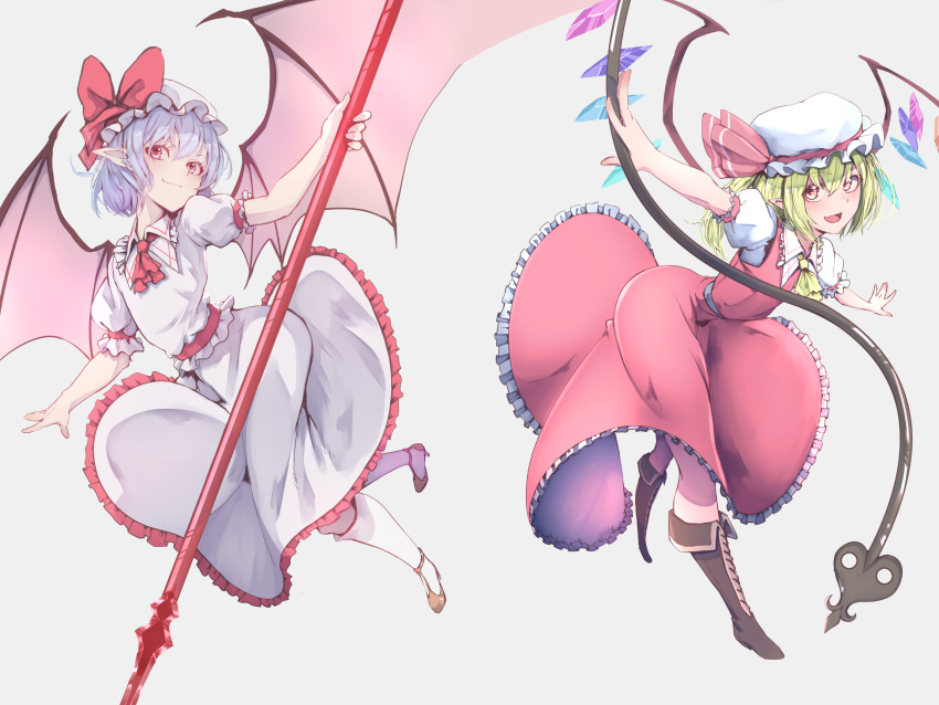 2girls, ascot, bangs, bat_wings, black_footwear, blonde_hair, blue_hair, boots, bow, collar, collared_dress, commentary, cross-laced_footwear, crystal, dress, eyebrows_visible_through_hair, fang, flandre_scarlet, frilled_collar, frilled_dress, frilled_sash, frilled_shirt, frilled_shirt_collar, frilled_sleeves, frills, full_body, grey_background, hat, hat_bow, highres, holding, holding_weapon, jnakamura1182, lace-up_boots, laevatein, leaning_forward, looking_at_viewer, medium_dress, medium_hair, mob_cap, multiple_girls, open_mouth, pink_dress, pink_headwear, pointy_ears, puff, puffy_short_sleeves, puffy_sleeves, red_bow, red_dress, red_eyes, red_footwear, red_neckwear, red_ribbon, remilia_scarlet, ribbon, ribbon_trim, sash, shirt, short_hair, short_sleeves, siblings, simple_background, sisters, skin_fang, skirt, smile, socks, spear_the_gungnir, spread_legs, spread_wings, standing, standing_on_one_leg, touhou, weapon, white_headwear, white_legwear, wings, yellow_neckwear