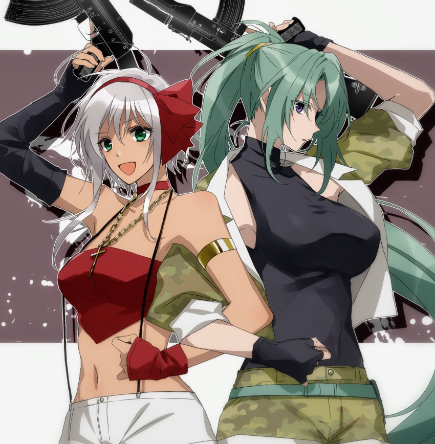 2girls, amazuki_jou, arm_up, armlet, asymmetrical_gloves, black_gloves, black_shirt, blue_eyes
