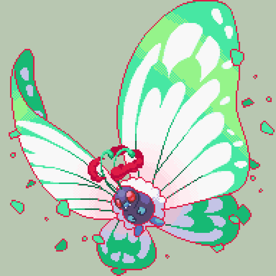 antennae, bug, butterfly, butterfree, commentary_request, creature, fangs, full_body, gen_1_pokemon, gigantamax, gigantamax_butterfree, grey_background, insect, jon_(zyagapi), no_humans, pixel_art, pokemon, pokemon_(creature), red_eyes, simple_background, solo