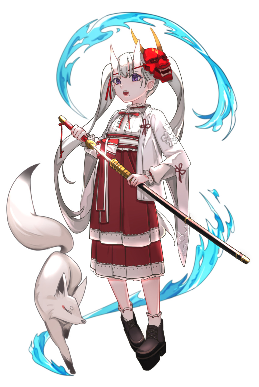 1girl, absurdres, animal, bangs, black_footwear, commentary_request, fox, full_body