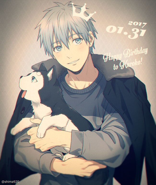1boy, animal, bangs, black_jacket, blue_eyes, blue_hair, blurry, blush, cardigan, casual, commentary_request, crown, dated, depth_of_field, dog, english_text, green_cardigan, green_eyes, grey_background, happy_birthday, holding, holding_animal, holding_dog, jacket, kuroko_no_basuke, kuroko_tetsuya, long_sleeves, looking_at_viewer, male_focus, mashima_shima, open_clothes, open_jacket, parted_lips, puppy, short_hair, smile, tetsuya_ni_gou, tongue, tongue_out, twitter_username, upper_body