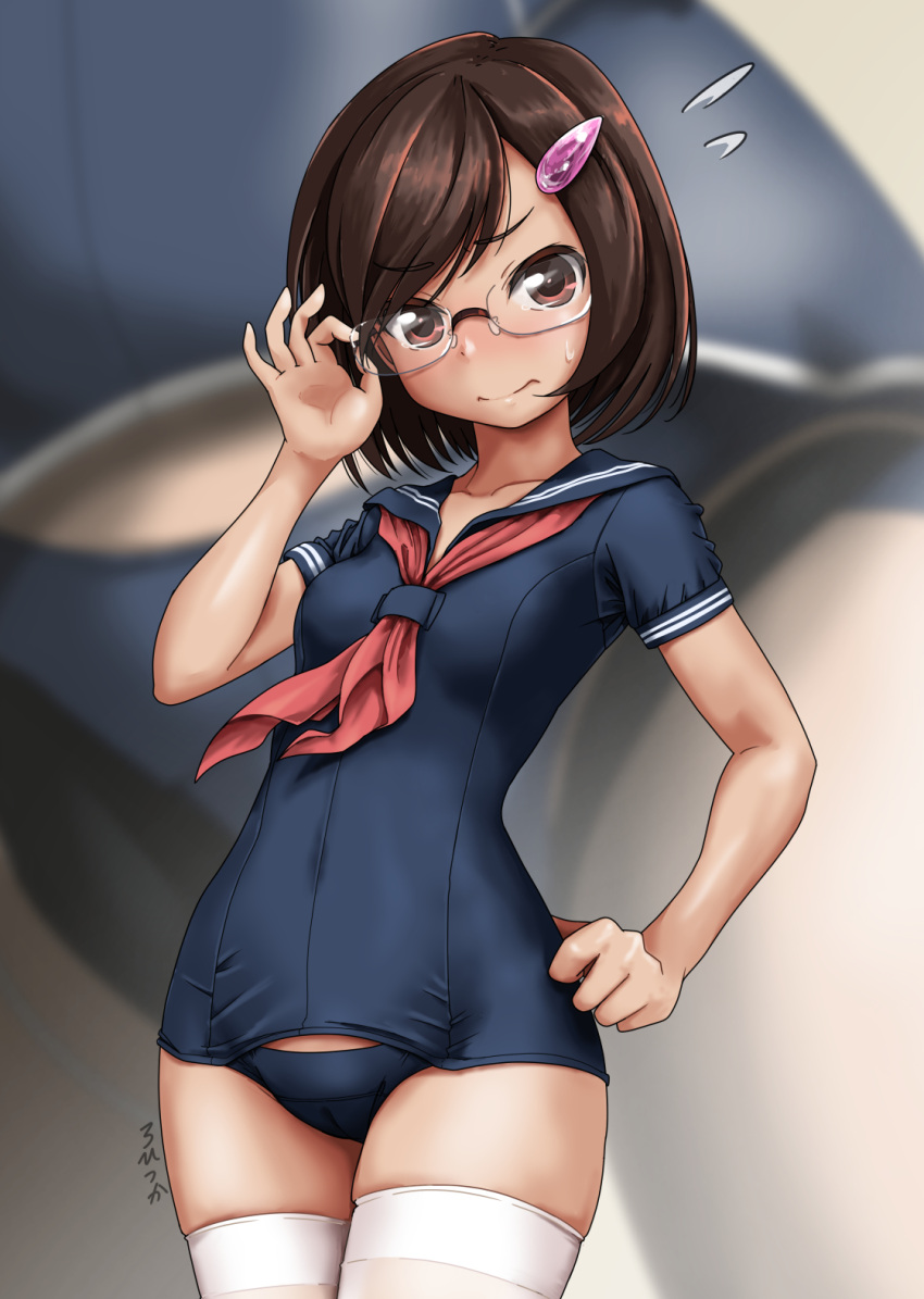 1girl, adapted_uniform, adjusting_eyewear, artist_name, bangs, black_sailor_collar, blurry, blurry_background