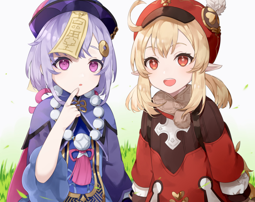 2girls, :d, ahoge, backpack, bag, bangs, dress, genshin_impact