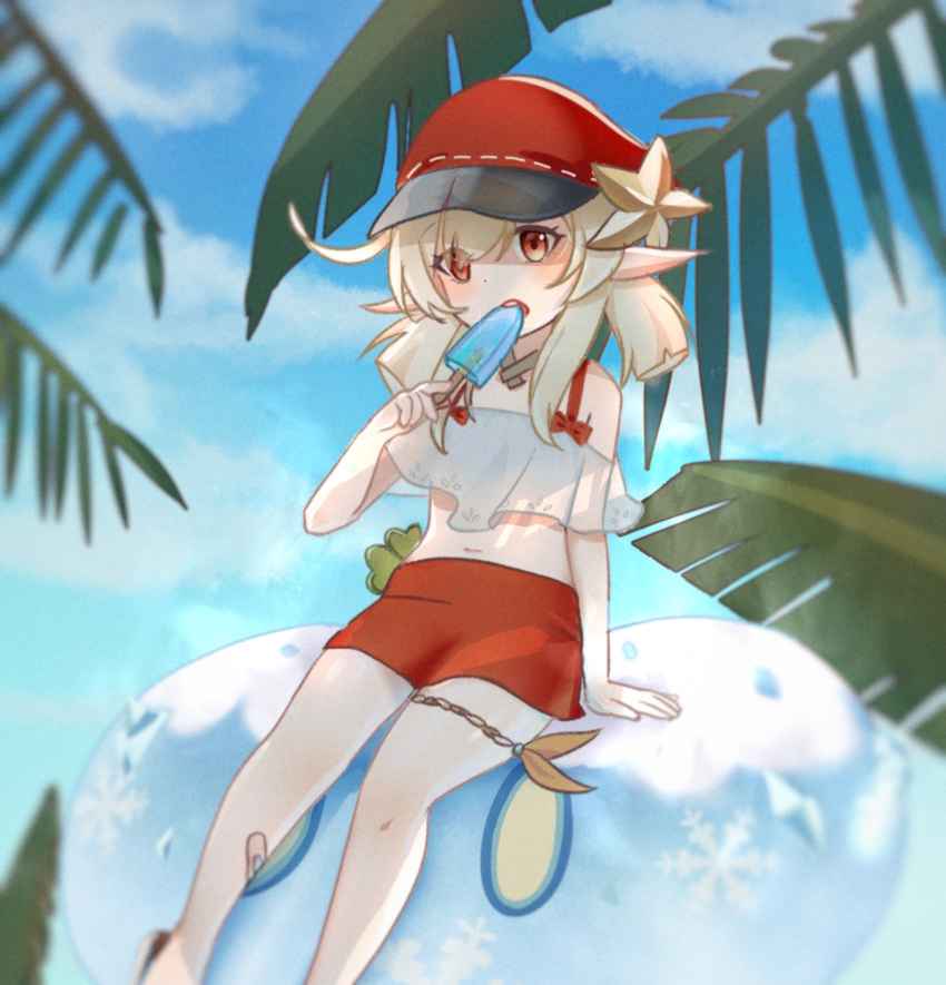 1girl, ahoge, bangs, fingertip_gentleman, food, genshin_impact, hair_between_eyes, hat, hat_feather, highres, klee_(genshin_impact), low_twintails, popsicle, red_eyes, red_headwear, slime, swimsuit, twintails