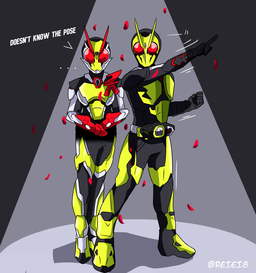 1boy, 1girl, absurdres, armor, bodysuit, commentary, english_text, full_body