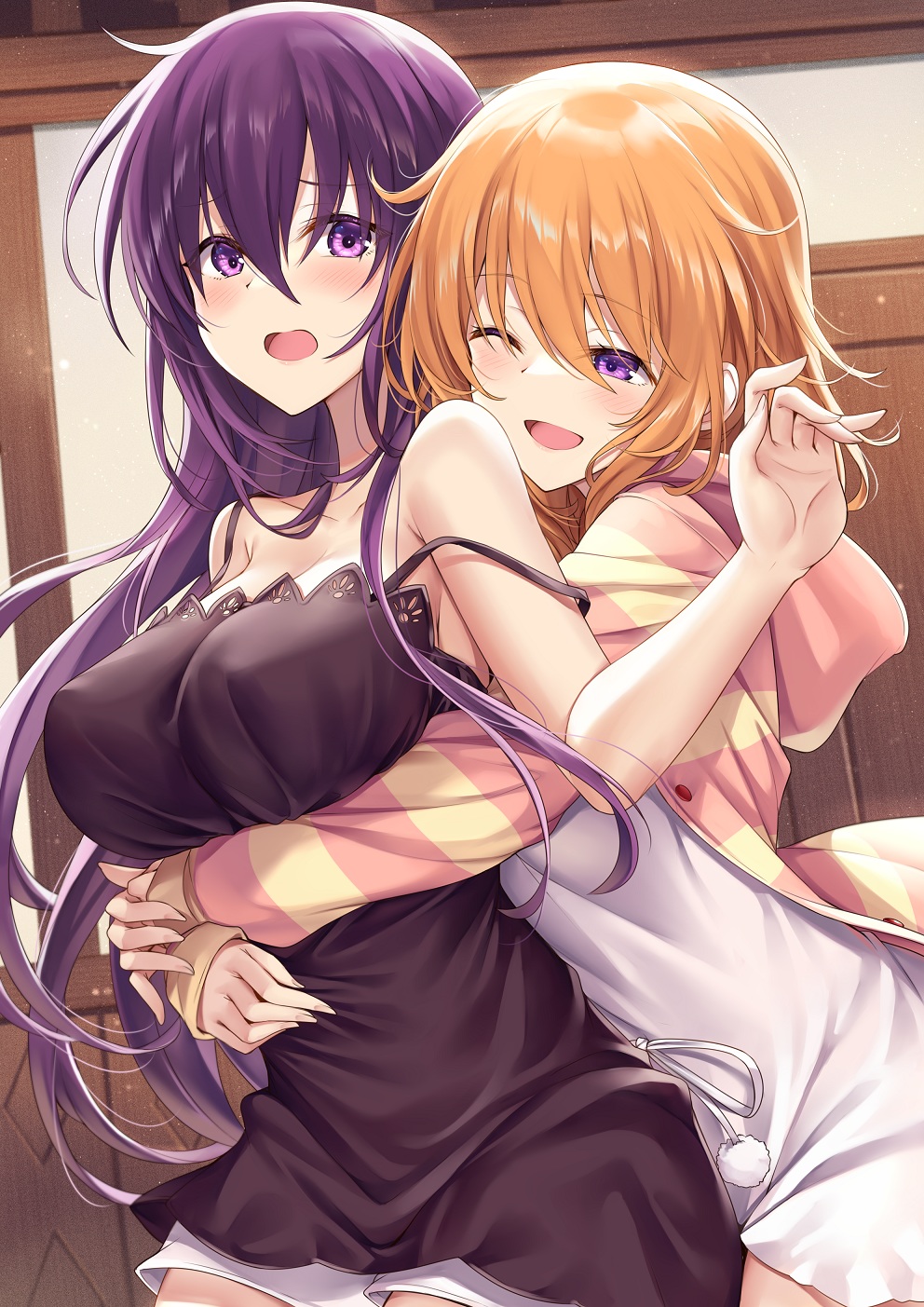 2girls, :o, ;d, bangs, bare_arms, bare_shoulders, black_dress, blush