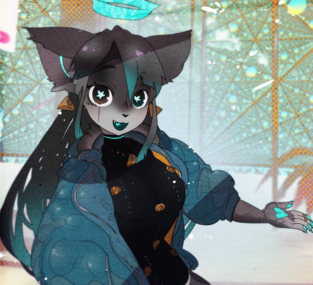 1girl, :3, :d, aran_sweater, black_sweater, blue_hair, blue_jacket, brown_eyes