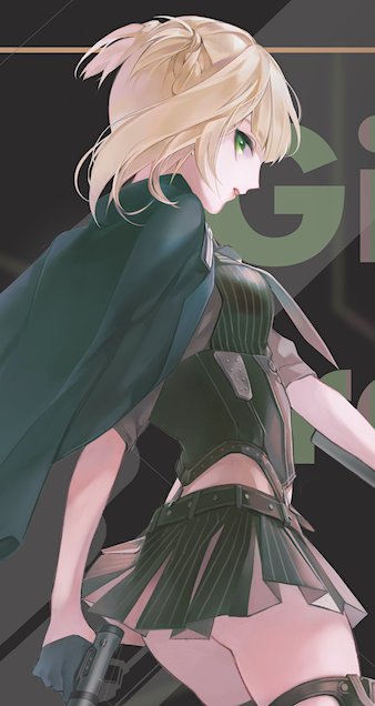 belt, black_gloves, black_skirt, blonde_hair, braid, breasts, eyebrows_visible_through_hair, french_braid, girls_frontline, gloves, green_eyes, gun, holding, holding_gun, holding_weapon, medium_hair, shirt, skirt, striped, striped_shirt, urano_ura, weapon, welrod_mk2, welrod_mk2_(girls_frontline)