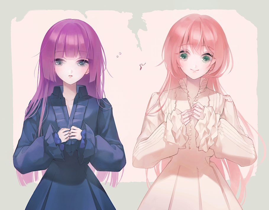 2girls, blue_dress, blue_eyes, carcano_m1891_(girls_frontline), carcano_m91/38_(girls_frontline), closed_mouth, dress, eyebrows_visible_through_hair