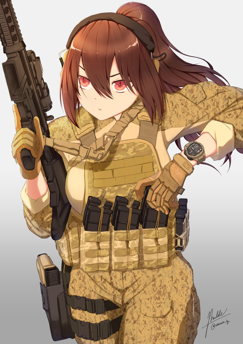 1girl, absurdres, brown_hair, camouflage, edzactly, gun, highres, holding, holding_gun, holding_weapon, military_operator, original, ponytail, red_eyes, reloading, rifle, tactical_clothes, weapon