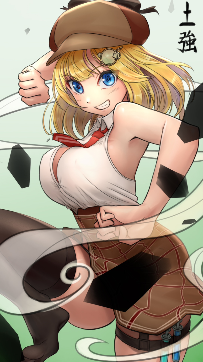 1girl, blonde_hair, blue_eyes, breasts, deerstalker, detective, hair_ornament, hat