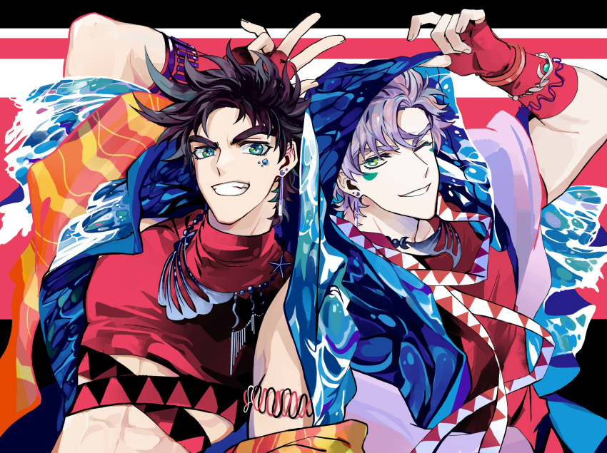 2boys, abs, adapted_costume, alternate_costume, alternate_hair_color, alternate_headwear, aqua_eyes, armlet