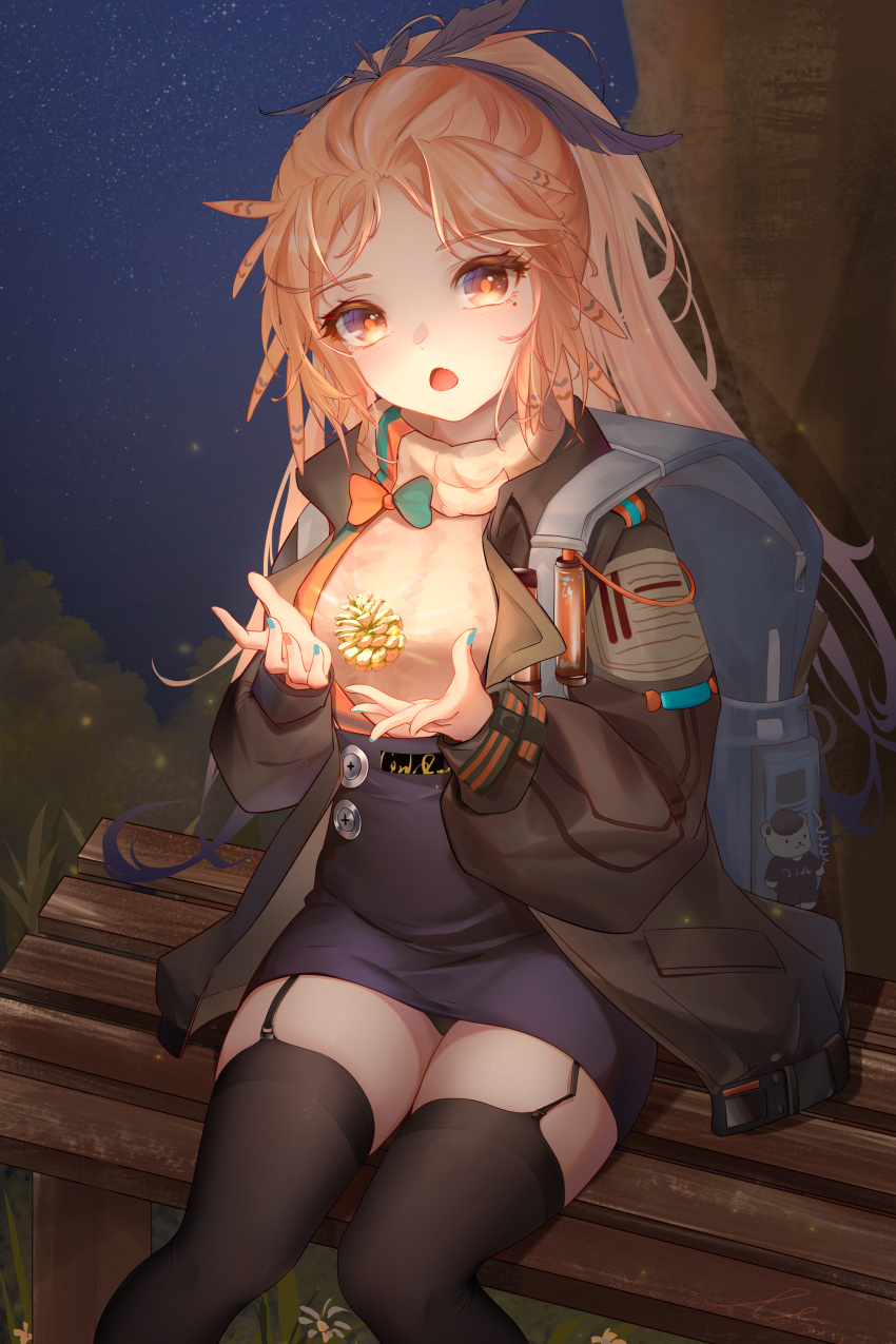 1girl, absurdres, arknights, backpack, bag, bag_charm, bangs, black_legwear