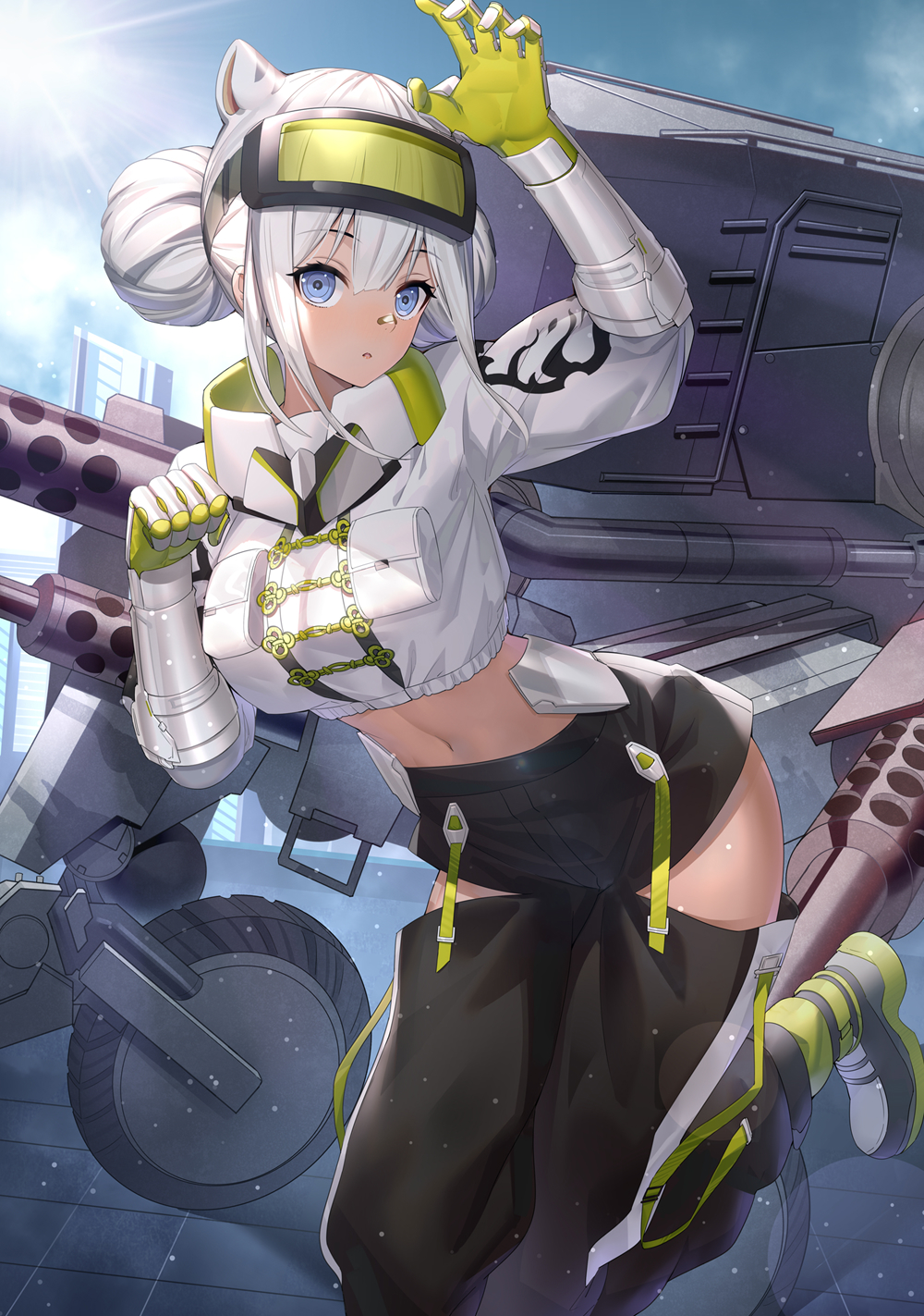 1girl, animal_ears, arm_up, black_pants, blue_eyes, breast_pocket, crop_top, day
