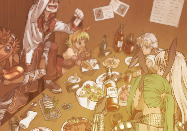 3boys, 3girls, acolyte_(ragnarok_online), alcohol, armor, assassin_(ragnarok_online), bandages, bangs
