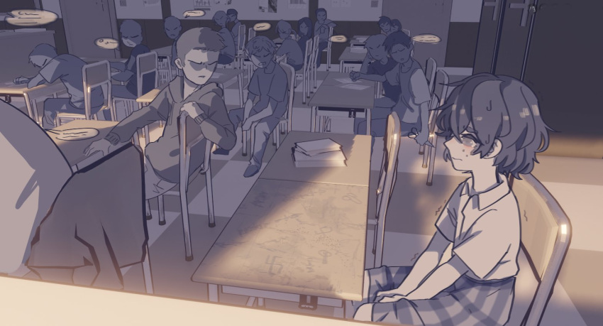 1girl, 6+boys, blind, blush, bullying, chair, checkered, checkered_skirt