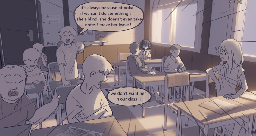 !, 2girls, 6+boys, bullying, chair, classroom, commentary, desk