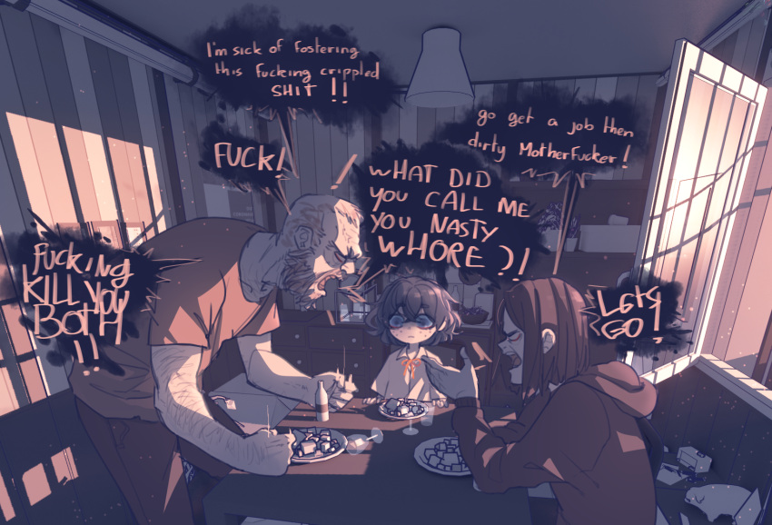 1boy, 2girls, beard, black_hair, blank_eyes, blind, child_abuse, closed_mouth