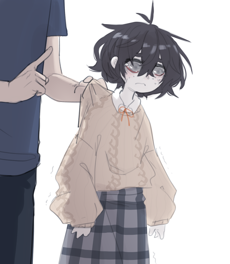 1boy, 1girl, antenna_hair, aran_sweater, bangs, black_hair, blind, brown_sweater, bullying, checkered, checkered_skirt, closed_mouth, clothes_grab, commentary, crossed_bangs, english_commentary, freckles, grey_eyes, hair_between_eyes, height_difference, index_finger_raised, long_sleeves, neck_ribbon, original, poka_(popopoka), popopoka, red_neckwear, red_ribbon, ribbon, short_hair, skirt, sweater, tears, trembling, wide-eyed, wing_collar