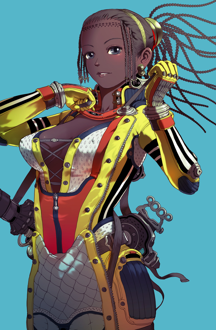 blue_eyes, braid, breasts, cleavage, dark_skin, gloves, grey_eyes, jewelry