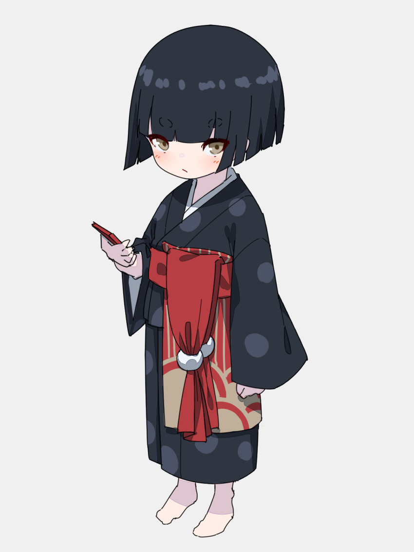 1girl, bangs, black_hair, black_kimono, blush, brown_eyes, cellphone, closed_mouth