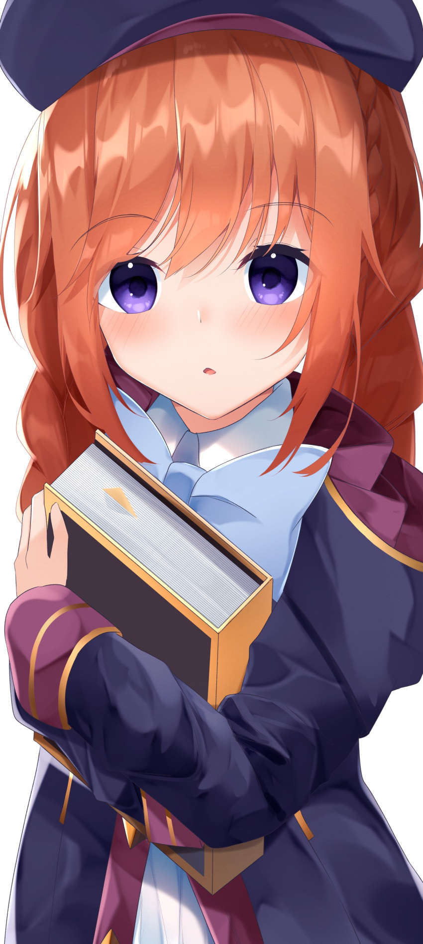 1girl, absurdres, bangs, beret, black_coat, black_headwear, blue_bow, blush