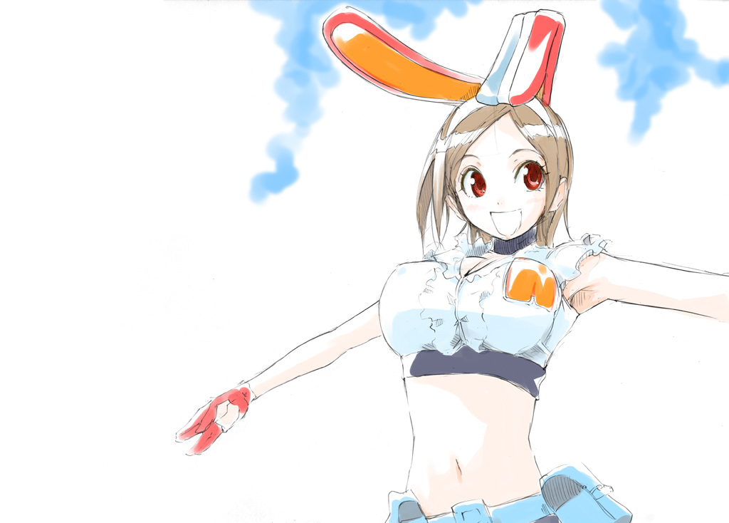 breasts, brown_hair, bunny_ears, getsumento_heiki_miina, gloves, huge_breasts, midriff, nylon