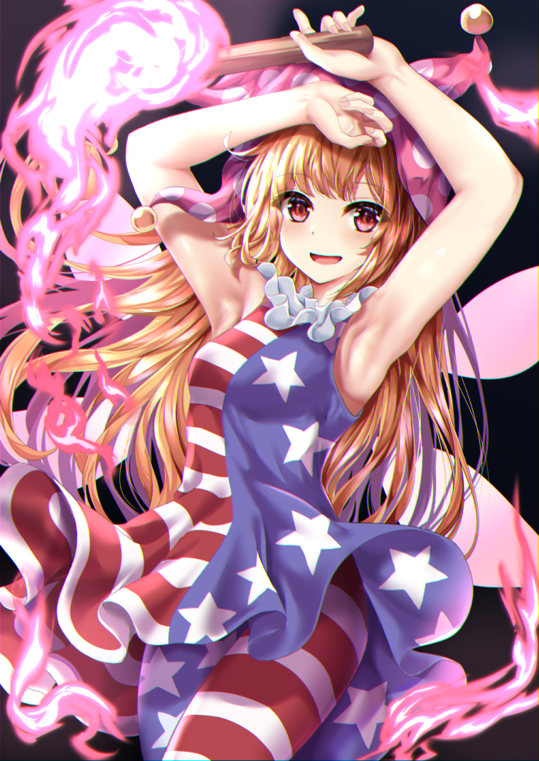 1girl, american_flag_dress, american_flag_legwear, armpits, arms_up, black_background, blonde_hair, clownpiece