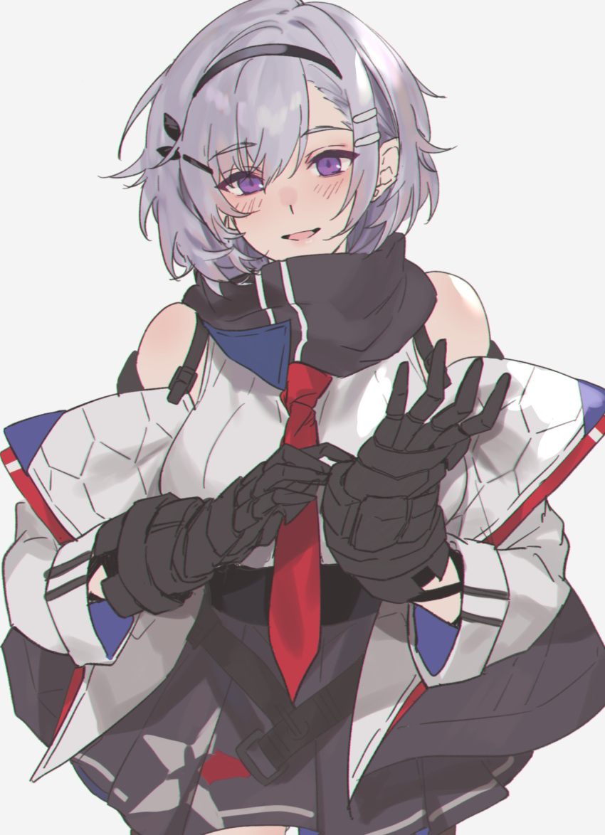 1girl, aogisa, azur_lane, bangs, black_hairband, black_scarf, black_skirt, detached_sleeves