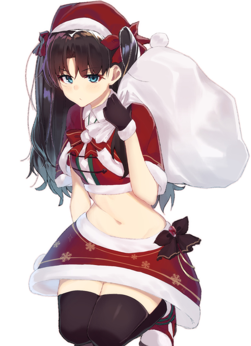 1girl, bangs, black_hair, black_legwear, blue_eyes, blush, breasts, capelet, chip_le_cree, closed_mouth, fate/stay_night, fate_(series), fur_trim, gloves, hat, highres, long_hair, looking_at_viewer, medium_breasts, midriff, parted_bangs, sack, santa_costume, santa_hat, skirt, thigh-highs, tohsaka_rin, two_side_up, zettai_ryouiki